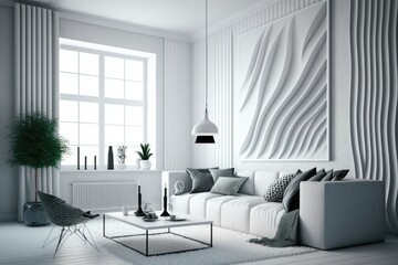 modern living room with a white sofa and a wooden coffee table. Generative AI