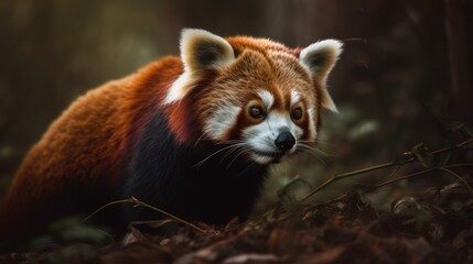 Adorable red panda eating bamboo in its natural habitat. Generative AI