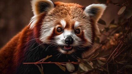 Obraz premium Adorable red panda eating bamboo in its natural habitat. Generative AI