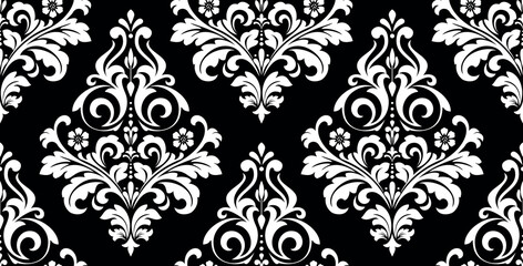 Wallpaper in the style of Baroque. Seamless vector background. White and black floral ornament. Graphic pattern for fabric, wallpaper, packaging. Ornate Damask flower ornament