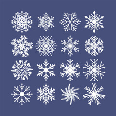 Fototapeta na wymiar Set of 16 white vector snowflakes