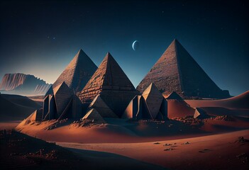 Fototapeta na wymiar Mysterious pyramids, ancient civilization, mystical landscape. 3d illustration. Generative AI
