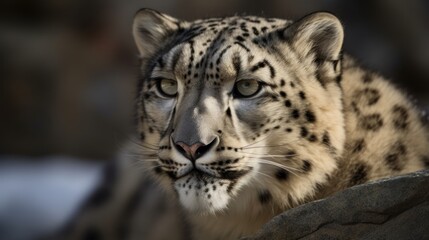 Fototapeta na wymiar Magnificent snow leopard walking through Himalayan mountain range. Generative AI