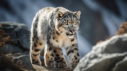 Fototapeta premium Magnificent snow leopard walking through Himalayan mountain range. Generative AI