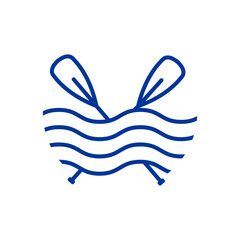 Logo aislado con silueta lineal de remos cruzados de kayak, canoa o paddle surf con olas de mar	