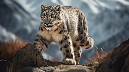 Naklejka na ściany i meble Magnificent snow leopard walking through Himalayan mountain range. Generative AI