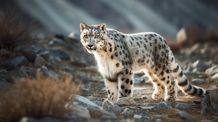 Magnificent snow leopard walking through Himalayan mountain range. Generative AI