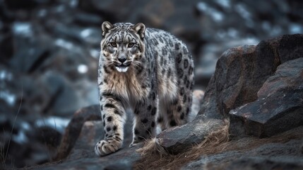 Fototapeta premium Magnificent snow leopard walking through Himalayan mountain range. Generative AI