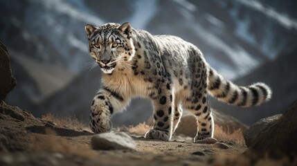 Magnificent snow leopard walking through Himalayan mountain range. Generative AI - obrazy, fototapety, plakaty