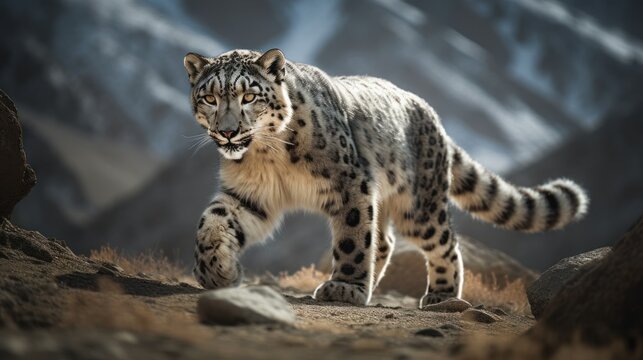 Magnificent snow leopard walking through Himalayan mountain range. Generative AI