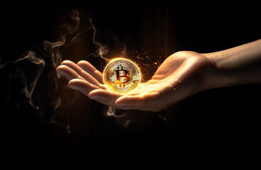 A hand holds a gold bitcoin with the word cryptocurrency  on it 