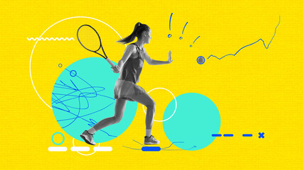 Hitting the ball. Contemporary creative art collage with professional female tennis player on...