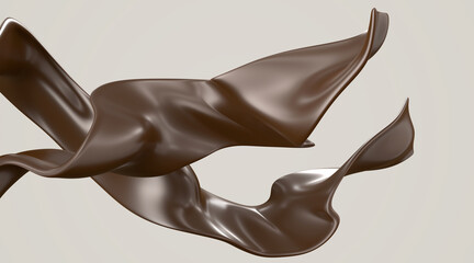 Waves of milk or bitter chocolate 3d render. Streams of brown molten texture, liquid cacao, coffee or choco glaze, splashes of sweet food isolated on white background, design elements. 3D illustration