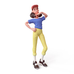 Kawaii asian colorful active brunette k-pop girl in fashion clothes yellow pants blue t-shirt, red cap in dancing pose hold one hand under chin, other hand on hip. 3d render isolated transparent.