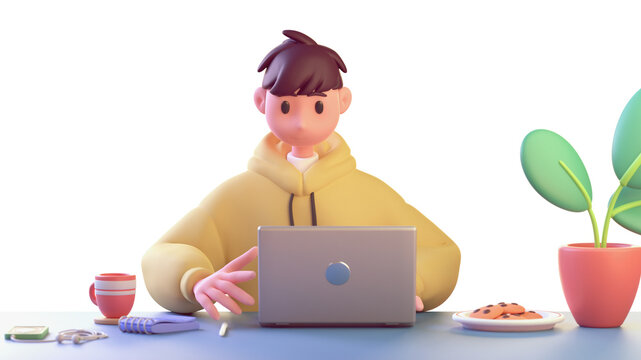 Portrait of cute kawaii funny asian programmer guy in yellow hoodie uses computer for work sits at blue table, red cup coffee, notebook cookies green plant in pot. 3d render isolated transparent.