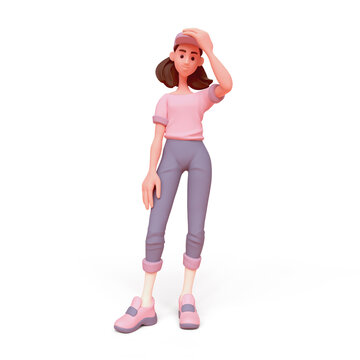 Cute kawaii positive asian colorful k-pop girl in fashion casual clothes blue pants, pink t-shirt touches her head with hand, stands with confused face expression. 3d render isolated transparent.