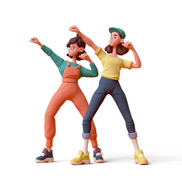 Two cute kawaii excited asian colorful active superheroes in fashion green orange yellow clothes in fighting pose, hands in fist, strong gesture, sports training. 3d render isolated transparent.
