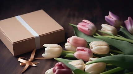 gift box and a bouquet of tulips. Mother's Day concept. Generative AI