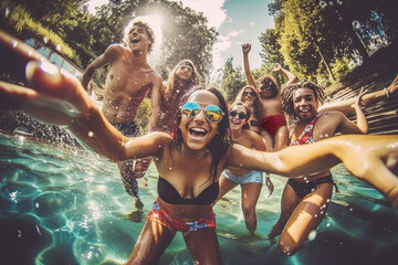 Group of young people enjoying at pool party, Generative ai