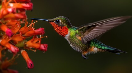 Fototapeta premium Hummingbird hovering in mid-air while drinking nectar from a flower. Generative AI