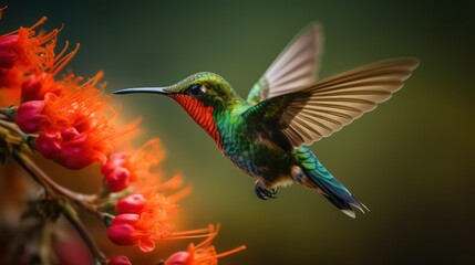 Fototapeta na wymiar Hummingbird hovering in mid-air while drinking nectar from a flower. Generative AI