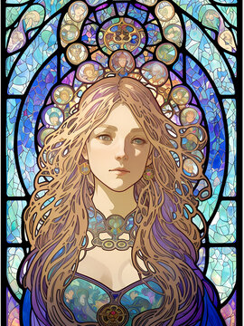 Art Nuvo Portrait of a beautiful mermaid / nymph painted on glass on a church window, Generative AI, digital art, comic style