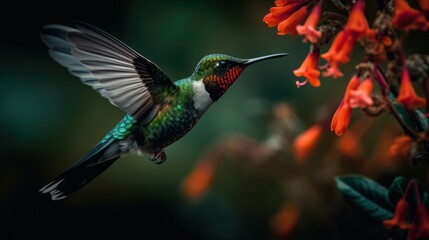 Obraz na płótnie Canvas Hummingbird hovering in mid-air while drinking nectar from a flower. Generative AI