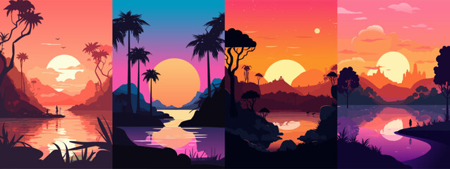Set of bay landscape at sunset vector illustration - 591811111