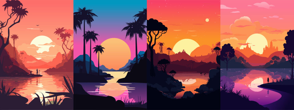 Set of bay landscape at sunset vector illustration