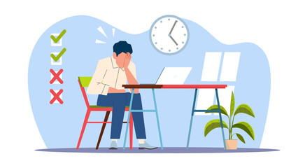 Deadline, man doesnt have time to complete to do list. Ineffective job management with schedule. Bad organization, sad nervous worker person. Cartoon flat illustration. png concept