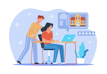 Man and woman choosing house, rent or buy home, searching apartment, property mortgage. Family sitting at table, online application real estate cartoon flat isolated illustration. png concept
