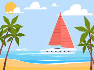 Luxurious yacht stands by beach with palm trees. Tropical resort, summertime vacation ocean panorama, seashore holiday landscape. Yachting scene. Cartoon flat illustration. png concept