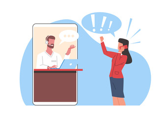 Bad review, woman makes bad customer service review. Angry girl shouting in smartphone. Negative feedback. Dissatisfaction of product cartoon flat illustration. png complaint concept