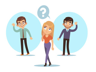 Fototapeta na wymiar Woman thinks of two handsome men and tries to decide who she loves. Boy waving hand. Choose partner for romantic relationships. Dating app cartoon flat illustration. png concept