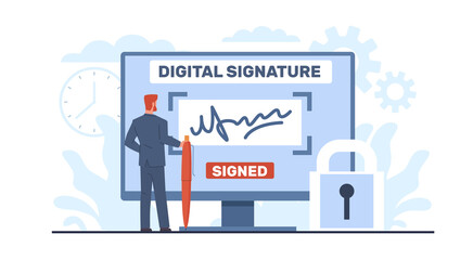 Concept of digital signature, businessman signs an agreement or contract online. Man hold pen, document on computer screen, electronic technology cartoon flat isolated png concept