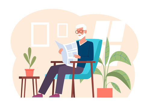 Old man with glasses sits in an armchair and reads newspaper. Leaving room home interior, pensioner lifestyle, senior age people. Grandfather cartoon flat illustration. png concept