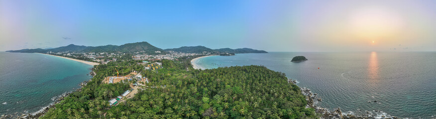 Fototapeta na wymiar .aerial panorama view scenery turquoise sea at Kata Karon beaches Phuket. .Pu island infront of Leam Chai Kata beach. .Colorful turquoise sea. Gradient color. sea texture, abstract nature 