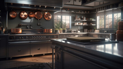 Modern shiny kitchen with stainless still kitchenware and equipment for restaurant. Generative AI