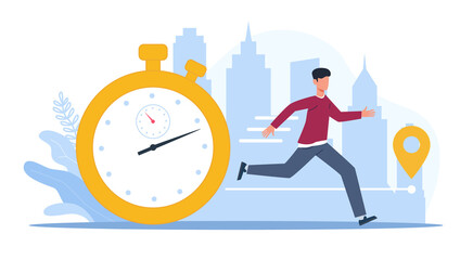 Man running through town, late for meeting. Modern carrying stressed character. Huge watch, speed run, hurry boy urban landscape on background. Cartoon flat illustration. png concept
