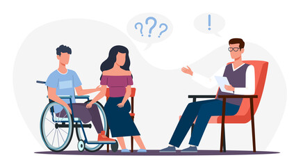 Mother and her disabled teen son in wheelchair in psychologists office talk about their experiences. Psychologist professional consultation. Cartoon flat isolated illustration. png concept