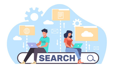 People use laptop to search for files in an electronic database. Man and woman with computer on bar template for website. Ask question online. Cartoon flat isolated illustration. png concept
