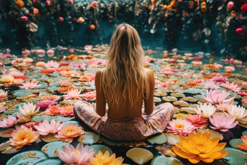 Young  woman sitting in a peaceful garden surrounded by blooming flowers and connecting with the energy of nature. Generative AI. - obrazy, fototapety, plakaty