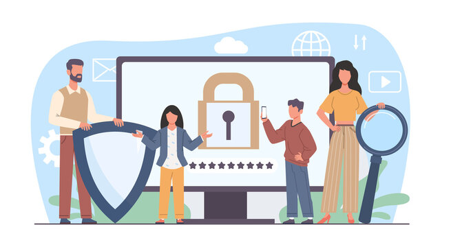 Parental control, dad and mom block banned or inappropriate content on internet. Censored information, children protection, cartoon flat family characters isolated illustration. png concept