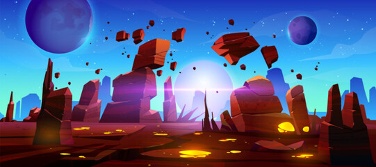 Cartoon alien planet surface with stones and cracks. Vector illustration of dangerous space game platform with rocks floating in air, satellites and stars shining in night sky. Galaxy background © klyaksun