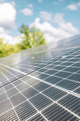 Solar panels and blue sky background. Solar cells farm on the roof. Save the earth and the energy