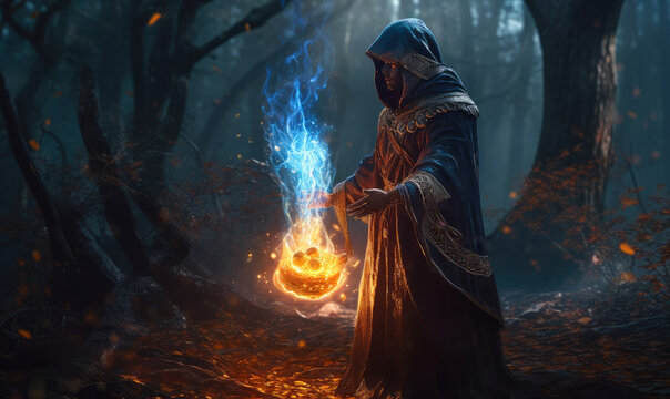 Dark elemental mage levitate casting glowing arcane fire spell, ai generative