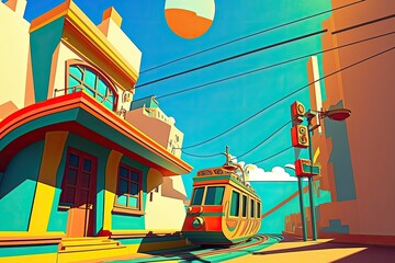 train on the tracks in front of a building. Generative AI