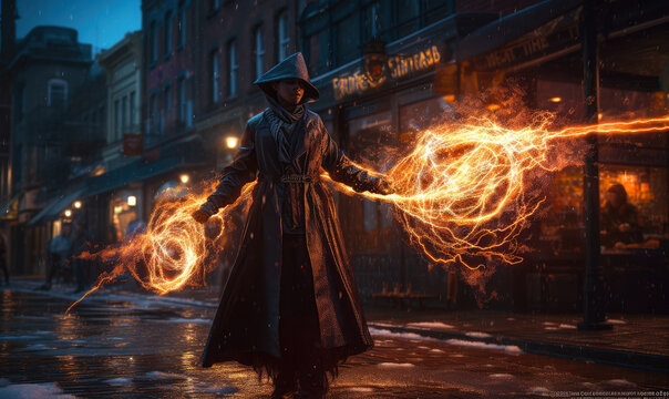 Dark elemental mage levitate casting glowing arcane fire spell, ai generative