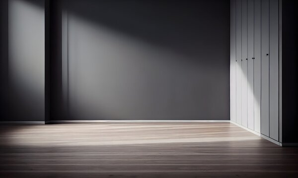Empty light dark wall with beautiful chiaroscuro and wooden floor. Minimalist background for product presentation, mock up. Ai generative
