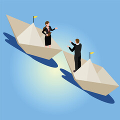 Company business manager talk and making a deal on the boat isometric 3d vector illustration concept banner, website, landing page, ads, flyer template